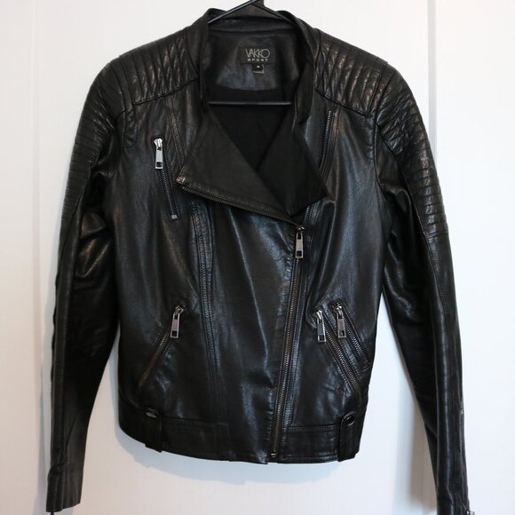 Genuine VAKKO Black Leather Double Breasted Moto Bomber Jacket Size 6